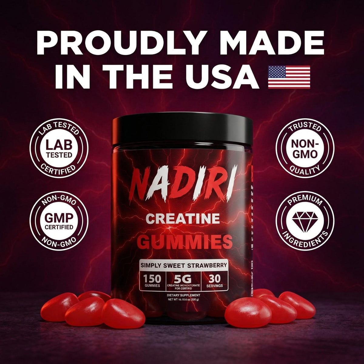 NADIRI Creatine Gummies — zero sugar, 25 calories per serving