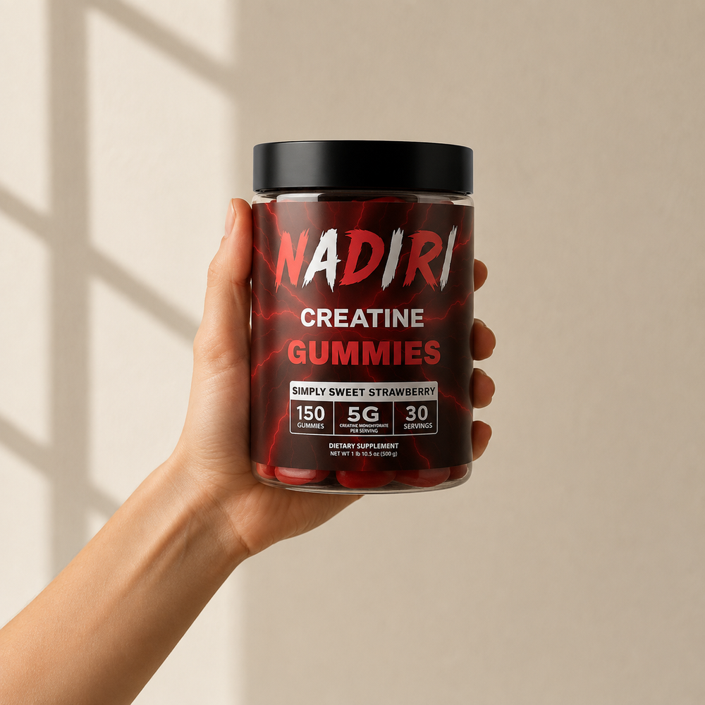 A hand holding the NADIRI Creatine Gummies jar